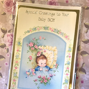 Uiterst ZELDZAME Vintage Circa jaren 1970 Nieuwe Baby Boy Card - Super Cute Baby Boy Design - Zoet Vers - Vintage Liefdevolle Ouderkaarten - Nostalgie