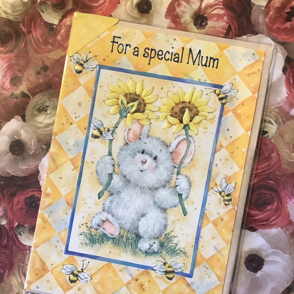 Vintage Circa 1990s 'For a special Mum' Birthday Card with ADORABLE Mouse, Bee and Sunflowers Design by Graeme Webster - Decorated Inside