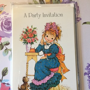 RARE Fabulous Vintage/Retro Circa 1970s Party Invites -6 Invites with Cute &#39;Southern Belle&#39; Girl Design & 6 Envelopes -Nostalgic Invitations