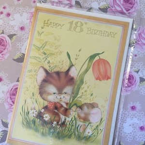 Cartão RARO Vintage Circa 1970 'Feliz 18º Aniversário' - Kitsch/Super Fofo Gato e Rato Retro Design Por Teddy - Doce Verso - Cartão Retro Amante