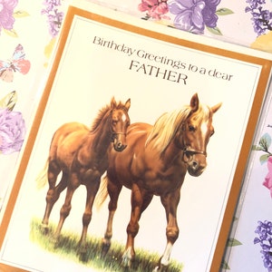 RARE grande carte vintage des années 1970 « Voeux d'anniversaire à un père cher » - magnifique paire de chevaux - Horse Loving Father - Nostalgique