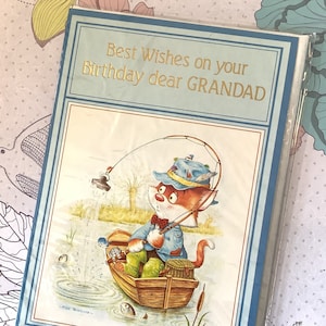 Cartão RARO vintage/retro por volta dos anos 1970 'Felicidades no seu aniversário, querido vovô' - lindo design de raposa 'pesca' por Mike Sherard - verso doce