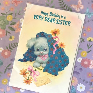 Cartão vintage retrô raro da década de 1970 "Feliz aniversário para uma irmã muito querida" com design fofo de cachorro - Kitsch - Nostalgia - Cartão para irmã amante de cães