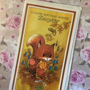 Cartão RARO Verdadeiro Vintage/Retro Circa 1960 'Sinceros Desejos de Aniversário para Filha' Design Bonito de Esquilo Verso Doce Retro/Filha Amante de Esquilos