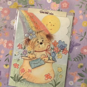 FABELHAFTE seltene Vintage Circa 1980er Jahre 'Verspätete Geburtstagswünsche' Karte - süßer Hund, Blumen- und Regenbogendesign - süßer Vers - nostalgische Karte zum Aufbewahren