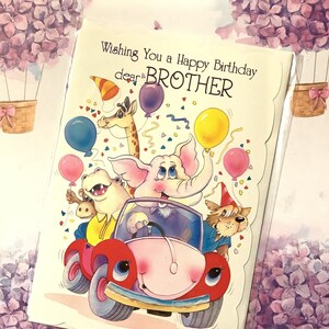 "Seltene Vintage Circa 1980s Karte ""Happy Birthday lieber Bruder"" - Super süße Tiere im Auto Design - Retro Karte für liebevollen Bruder."