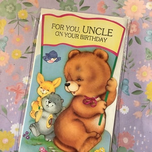 RARA cartolina vintage/retrò degli anni '70 circa "Per te, zio, per il tuo compleanno" con un simpatico orso, un castoro e altri animali. Divertente e nostalgica.