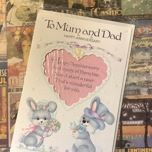 RARE vintage/Rétro Circa années 1980 « À maman et papa joyeux anniversaire » Carte avant découpée avec un joli lapin Bride & Groom Design - Sweet Verse