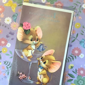 Très rare carte vintage/rétro vers les années 1970 « À vous pour votre 1er anniversaire » - Design souris super kitsch - carte d'anniversaire vintage/rétro amoureux