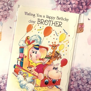 Cartão RARE Vintage Circa 1980 'Desejando a você um feliz aniversário, querido irmão' - Design de animais super fofos em um trem - Cartão retrô amoroso de irmão