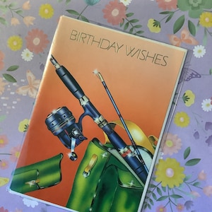Cartão de design de pesca/pesca vintage/retro raro, por volta dos anos 1970, com 'desejos de aniversário' e versos doces - Cartão de amigo/parente amoroso, pesca/retro
