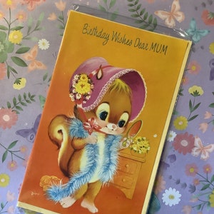 Cartão RARE True Vintage/Retro Circa 1960 'Birthday Wishes Dear Mum' - Design super fofo de esquilo - Verso doce - Cartão vintage para mãe amorosa
