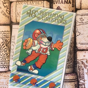 RARE Vintage Circa 1980s '18th Birthday Greetings' Card - Kitsch / Super Cute Bear Playing American Football Design - Fun, Retro 18th Card