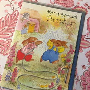 Biglietto d'auguri vintage/retrò circa anni '90 'Per un fratello speciale' - Conigli carini che giocano con un design tubolare - Biglietto carino e nostalgico
