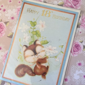 Cartão vintage raro por volta dos anos 1970 "Feliz aniversário de 18 anos" - Kitsch/Super fofo retrô com esquilo e design floral - Verso doce - Cartão retrô para amantes