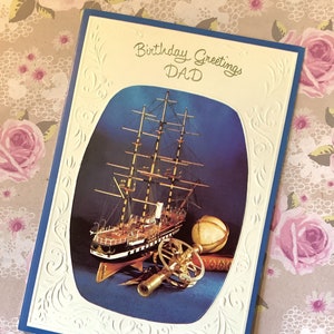 RARO E FABULOSO Vintage Circa 1960 'Birthday Greetings Dad' Retro Old Sailing Ship Photo Card - Verso sentimental - Cartão de aniversário nostálgico