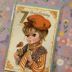 Cartão RARE Vintage/Retro Circa 1960 'Feliz Aniversário 7 Dias' - Bonito estilo Holly Hobbie Boy e Robin Design - Um cartão para guardar - Cartão nostálgico