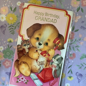 Cartão RARO verdadeiro vintage/retro por volta dos anos 1970 "Feliz aniversário, vovô" com cachorro fofo no telefone e outros animais Design divertido, cartão nostálgico