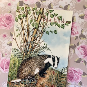 RARE vintage des années 1970 « Meilleurs voeux » superbe blaireau dans la forêt Design carte de voeux vierge - carte de voeux simple - carte d'amant de la nature