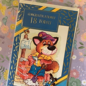 Cartão RARE Vintage/Retro Circa 1970 'Parabéns 18 Today' Birthday' - Kitsch/Super Cute Pedreiro Fox Design - Sweet Verse - Retro Fan
