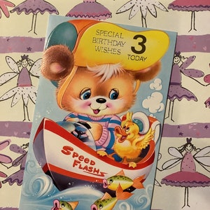 SELTENE Vintage/Retro Circa 1970er Jahre 'Special Birthday Wishes 3 Today' Karte mit ADORABLE Bär, Ente & Fisch Design - Sweet Verse - Karte zum Schatz
