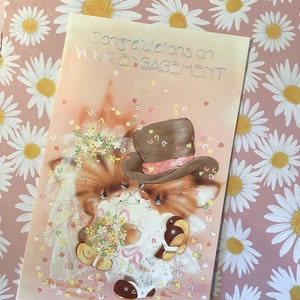 RARO Vintage/Retro - Circa anni '70 'Congratulazioni per il tuo fidanzamento' - Kitsch/Retro Card - Carino design di sposi e gatti - Cat Lovers