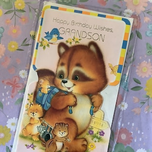 Raro verdadeiro vintage/retro por volta dos anos 70 'desejos de feliz aniversário, neto' cartão com esquilos ADORÁVEIS, Bluebird e design de borboleta! Cartão fofo