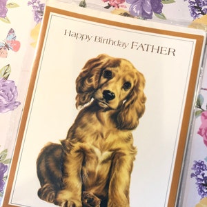 Tarjeta vintage grande y rara de la década de 1970 con la frase "Feliz cumpleaños, padre" con un hermoso diseño de spaniel. Padre amante de los perros. Tarjeta nostálgica. Sweet Verse