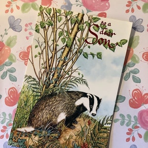 SELTENE Vintage 1970er Jahre 'To A Dear Son' Atemberaubende Dachs und Wald Design Geburtstagskarte - Sentimental Verse-Nature/Dachs Loving Son-Nostalgie