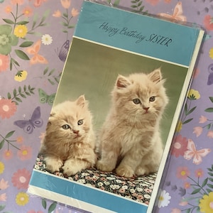 Cartão com foto de gatinho fofo extremamente raro, por volta de 1960, 'Happy Birthday Sister' - Verso sentimental adorável - Impresso na Escócia - Cartão de amante de gatos