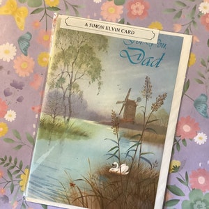 RARO E FAVOLOSO biglietto d'auguri vintage anni '70 "Per te, papà" con splendido design di mulino a vento e cigno - Dolce verso - Papà amante della natura