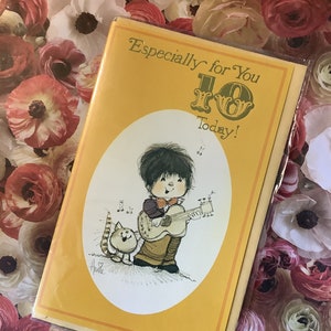 RARE vintage/rétro vers les années 1980 « Spécialement pour vous 10 aujourd'hui ! Carte - adorable garçon « chantant » et chat - doux vers - une carte à chérir