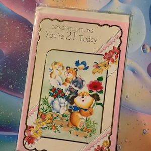 Cartão de aniversário vintage raro por volta dos anos 1970 "Parabéns, você tem 21 anos hoje", design fofo e kitsch de animais - Saudação doce - Cartão para amantes de animais