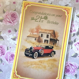 Cartão RARE Vintage/Retro Circa 1970 'Parabéns pelo seu 21º aniversário' - Cartão de design de carro clássico - Verso doce - Cartão de amante de carro nostálgico