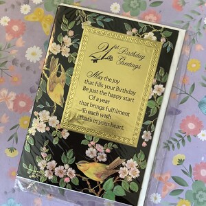 Cartão raro de aniversário de 21 anos, vintage/retro, por volta dos anos 80, com lindos pássaros e design floral - verso doce - cartão de maioridade para guardar