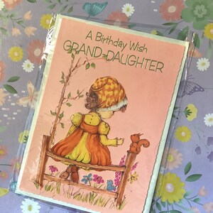 Cartão RARE Vintage Circa 1970s 'A Birthday Wish Grand-Daughter' - Cartão de amante vintage fofo estilo 'Holly Hobbie' para meninas e animais