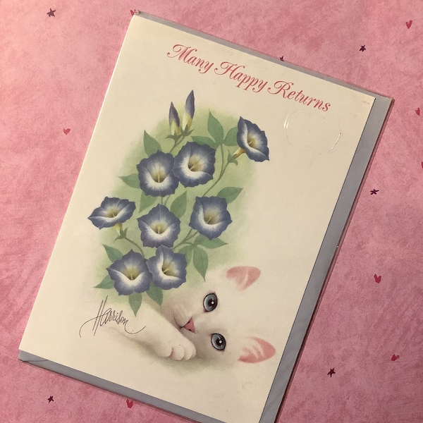 ZELDZAME Vintage Circa jaren 1990 'Many Happy Returns' Card SCHATTIGE Big Blue Eyed White Cat & Floral Design 'Morning Glory' door Bob Harrison -Cat Fan