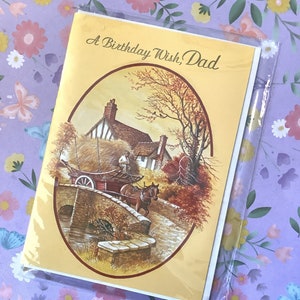 RARE & FABULOUS Vintage 1970er Jahre 'A Birthday Wish, Dad' Beeindruckende Dorf/Pferd und Wagen Design Karte - Süßer Vers - Nostalgie Loving Dad Karte