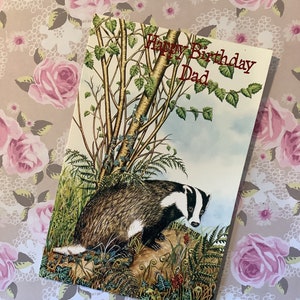 SELTENE & FABELHAFTE Vintage 1970er Jahre 'Happy Birthday Dad' Atemberaubende Dachs und Wald Design Geburtstagskarte - Sentimental Verse - Nature Loving Dad