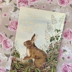 RARE & FABULOUS vintage 1970s 'Happy Birthday Dad' Superbe Lièvre et Forêt Design Carte d'anniversaire - Sentimental Verse - Nature Loving Dad