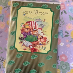 Cartão RARO Vintage/Retro Circa 1970s 'Você tem 18 anos hoje' - Design Kitsch/Super Fofo e Divertido Animal 'Trabalhadores da Estrada' - Cartão Nostálgico - Verso Doce