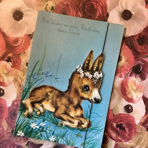 EXTREM SELTEN Circa 1950er Jahre Unsigned Vintage Beste Wünsche zum Geburtstag lieber Onkel Karte ADORABLE Fohlen & Jenny Donkey Design -Sweet Greeting