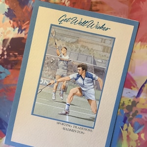 RARE carte rétro/vintage des années 1980 « Get Well Wishes » - comprend une conception de jeu de badminton et les détails de l'histoire du badminton - carte nostalgique