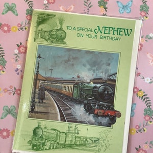 Cartão FABULOSO Raro Vintage/Retro 1970 Trem a Vapor 'Para um Sobrinho Especial no Seu Aniversário' - Ventilador de Trem a Vapor - Amante de Trem - Cartões Pevril