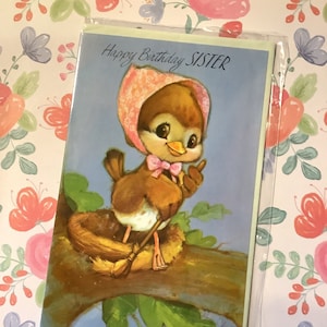 Cartão RARO verdadeiro vintage/retro por volta dos anos 1960 'Feliz aniversário, irmã' - Design de pássaro super fofo - Verso doce - Cartão vintage e amante de pássaros para irmã
