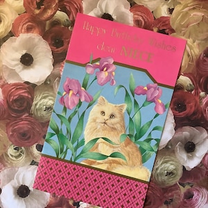 RARA & Fabulous Vintage Circa 1980 'Happy Birthday Wishes Dear Niece' Card - ADORABILE Gatto e Design floreale - Sweet Verse - Cat Loving Niece