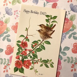 RARE & FABULOUS Vintage/Retro 1960 'Feliz Aniversário Pai' Impressionante Cartão de Aniversário com Design de Pássaro - Doce, Verso Sentimental - Pai Amoroso de Pássaro