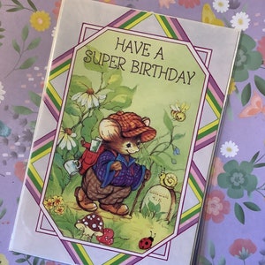 RARE Circa 1980s Vintage/Retro 'Tenha um Super Aniversário' - Design de mouse 'Rambling' super fofo - Cartão de amigo amoroso vintage/retro