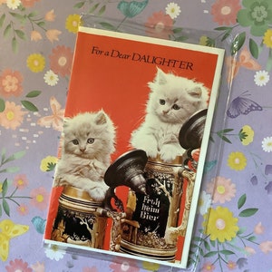 RARA cartolina fotografica retrò/vintage degli anni '60 circa 'Per una cara figlia', splendida foto di gattino persiano - versi adorabili - biglietto di compleanno per amante dei gatti/Kitsch