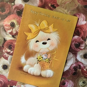 RARE carte quatre volets « Joyeux anniversaire belle-soeur » vintage des années 1960 = ADORABLE chien et souris design par Don MacLeod - vers doux - ventilateur rétro